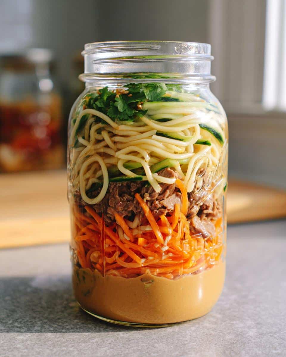 A mason jar layered with peanut sauce, shredded carrots, beef, noodles, cucumber, and cilantro for a Cold Sesame Peanut Noodle Jar.