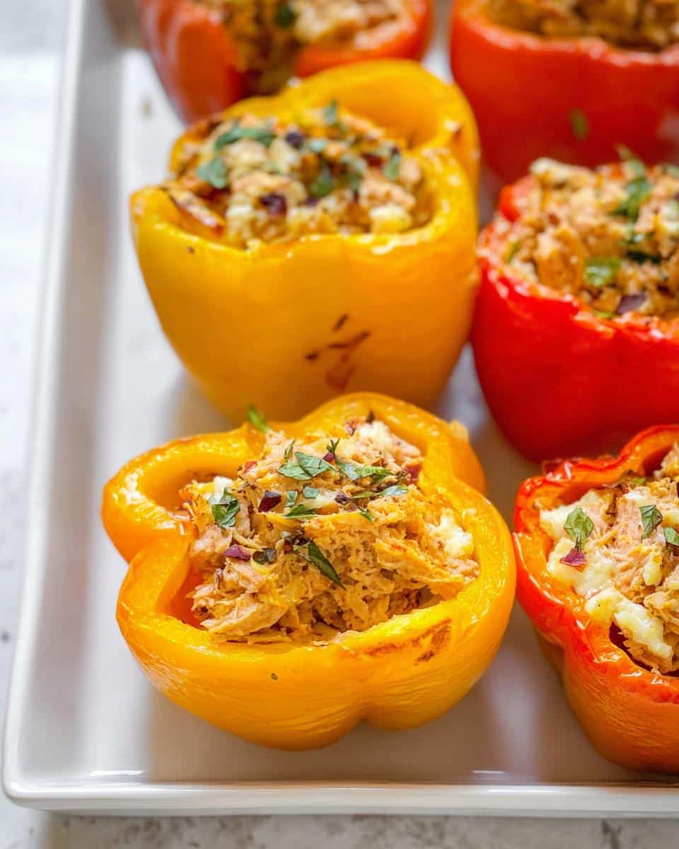 Close-up of vibrant yellow and red Tuna Stuffed Bell Peppers filled with a savory tuna mixture and garnished with herbs.