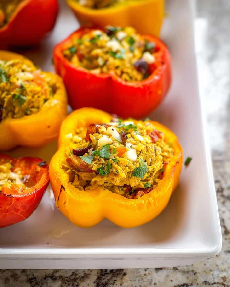 Close-up of colorful red and yellow Tuna Stuffed Bell Peppers filled with a savory mixture and topped with herbs.