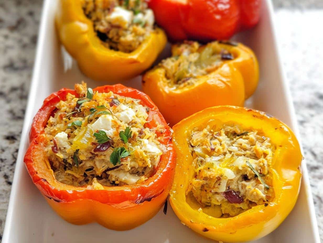 Four vibrant, baked Tuna Stuffed Bell Peppers, filled with a savory mixture and topped with feta cheese and herbs.