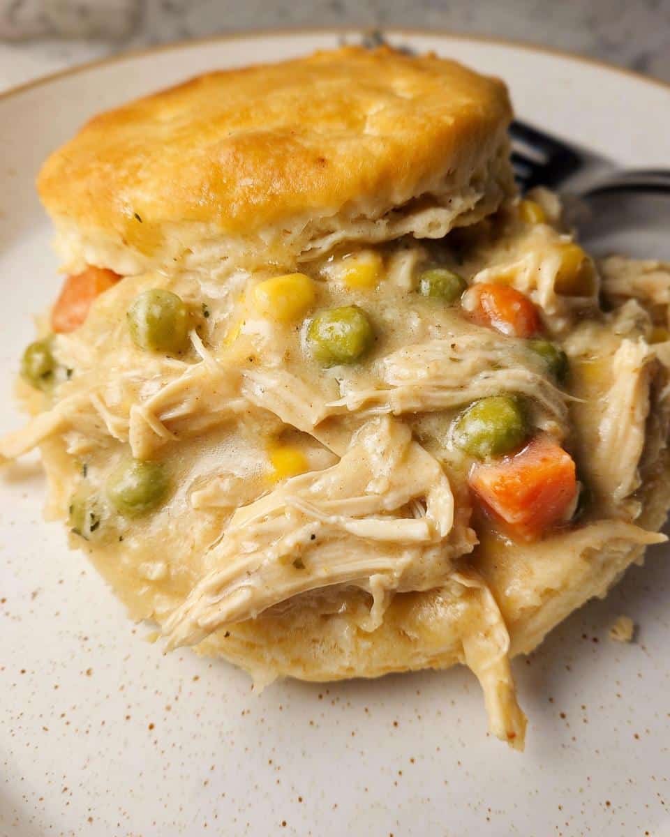 Close-up of shredded chicken pot pie filling with peas and carrots served over a golden biscuit, perfect comfort food chicken pot pie slow cooker.