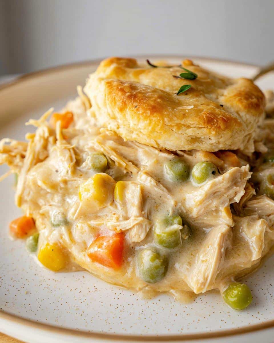 Creamy Comfort Food Chicken Pot Pie Slow Cooker filling topped with a golden biscuit and herbs.