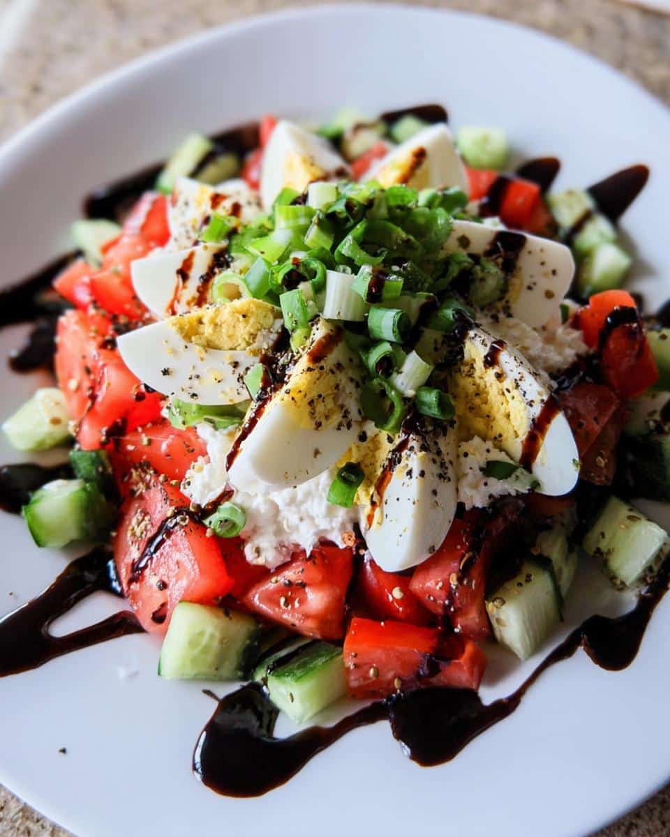 A vibrant Cottage Cheese & Cucumber Snack Plate topped with sliced hard-boiled eggs and green onions.