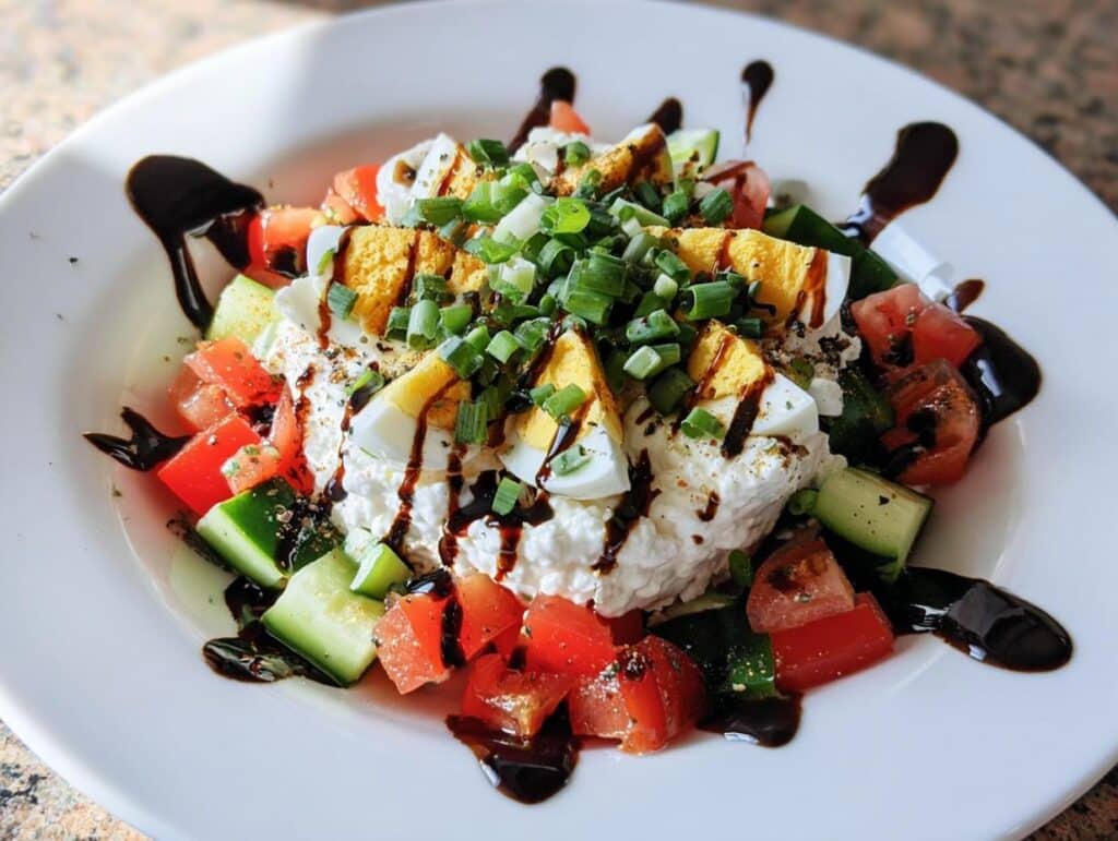A vibrant Cottage Cheese & Cucumber Snack Plate featuring cottage cheese topped with sliced hard-boiled egg, chopped green onions, and balsamic glaze.