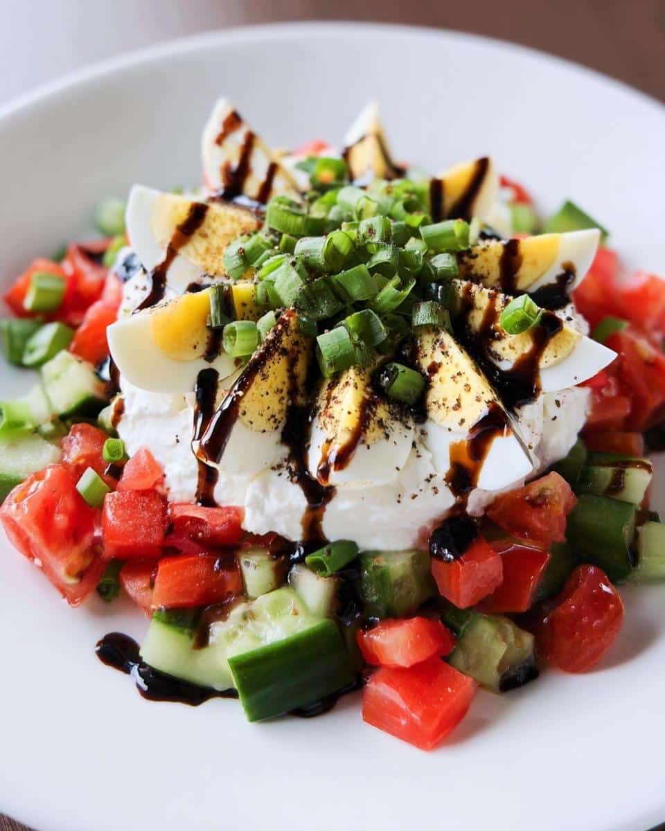 A vibrant Cottage Cheese & Cucumber Snack Plate topped with sliced hard-boiled egg, chives, and balsamic glaze.
