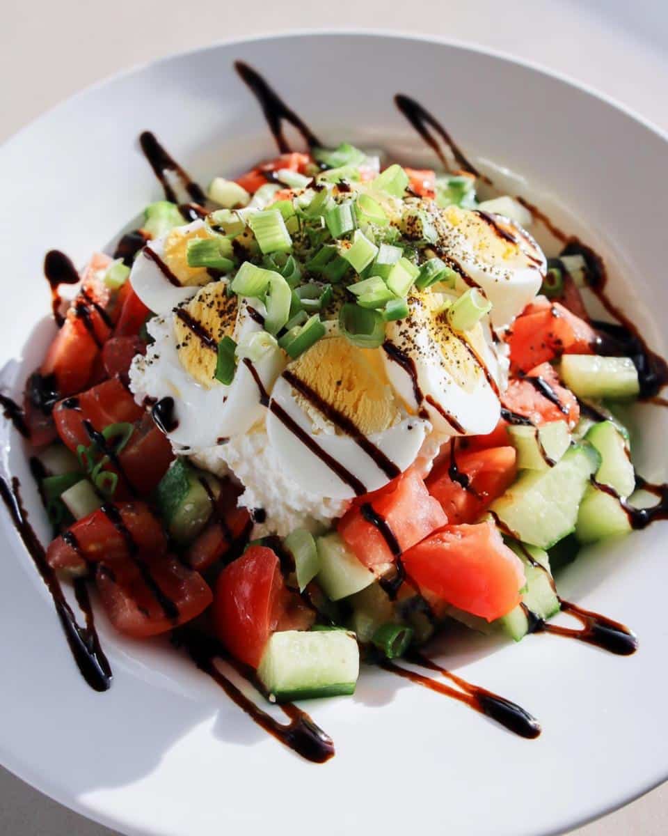 A vibrant Cottage Cheese & Cucumber Snack Plate topped with sliced hard-boiled eggs and green onions.