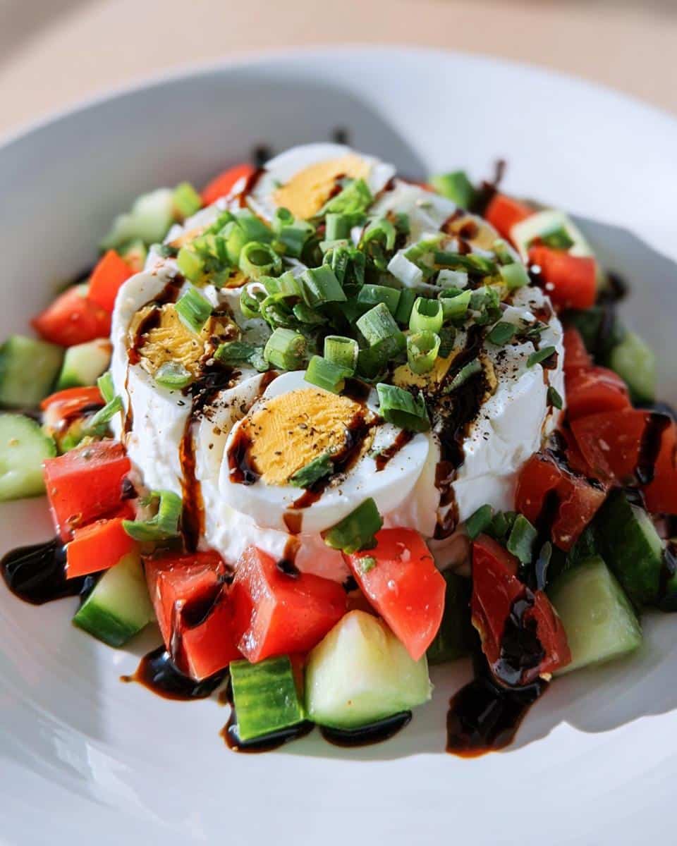 A visually appealing Cottage Cheese & Cucumber Snack Plate featuring a mound of cottage cheese topped with sliced hard-boiled eggs and green onions.