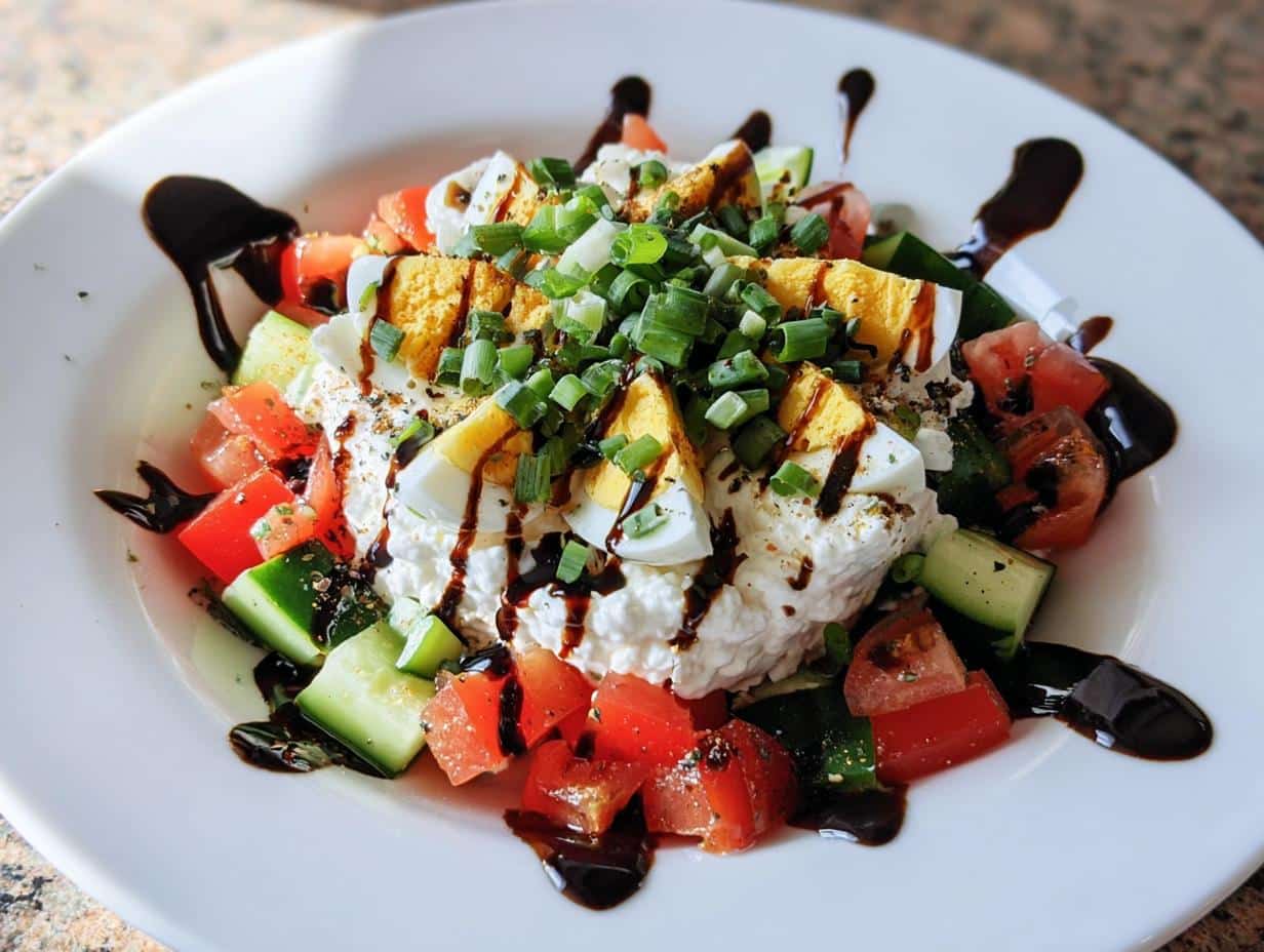 A vibrant Cottage Cheese & Cucumber Snack Plate featuring cottage cheese topped with sliced hard-boiled egg, chopped green onions, and balsamic glaze.