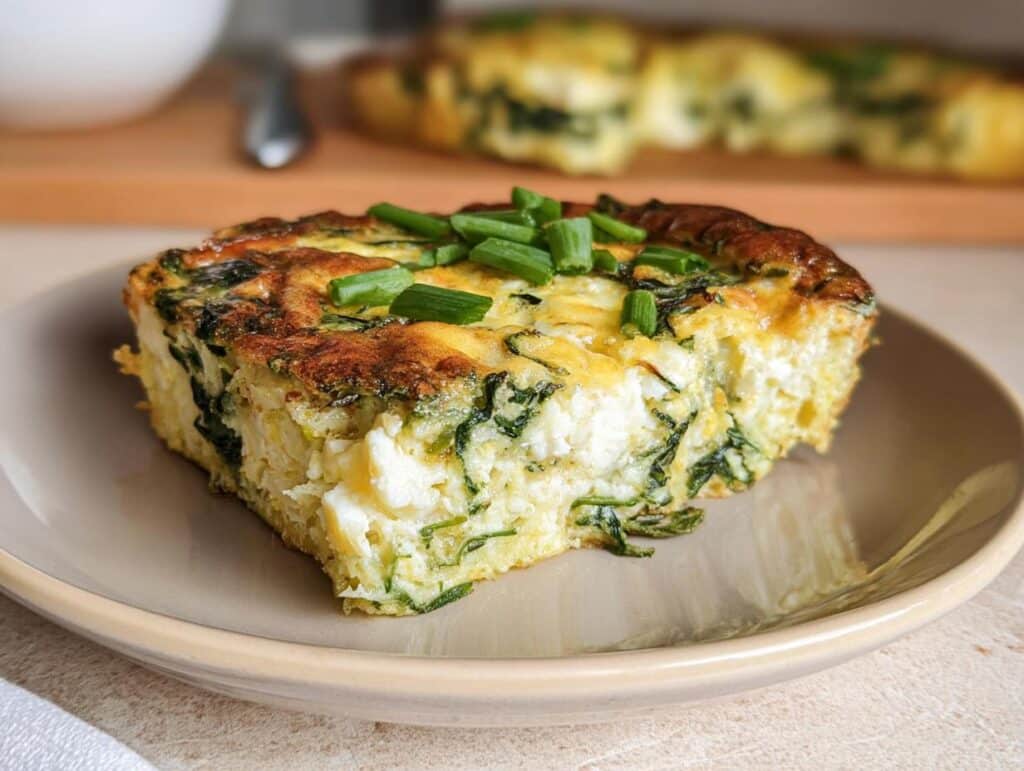 A square slice of baked Cottage Cheese Egg Bake featuring visible cottage cheese curds and spinach, topped with fresh green onions.