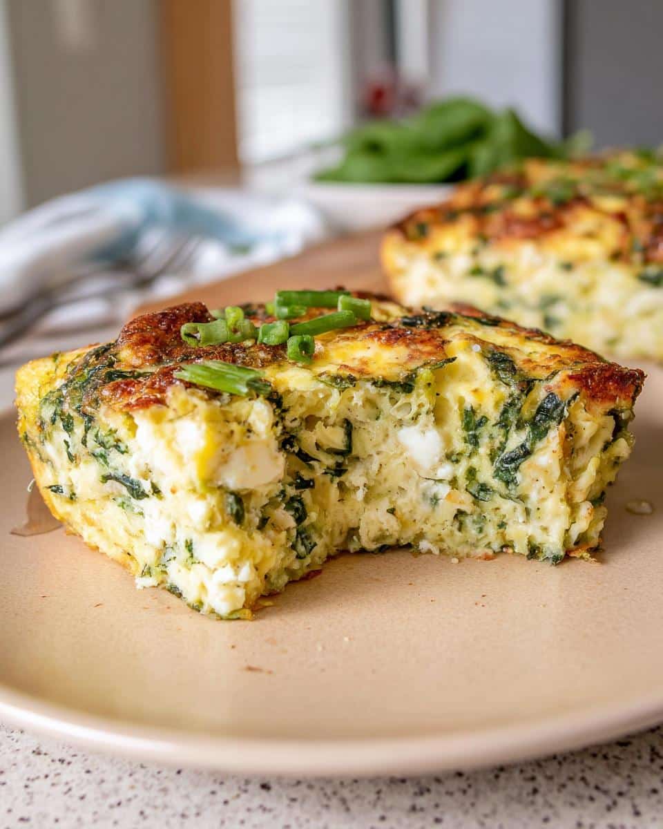 Close-up of a slice of Cottage Cheese Egg Bake with visible cottage cheese curds and spinach, topped with green onions.