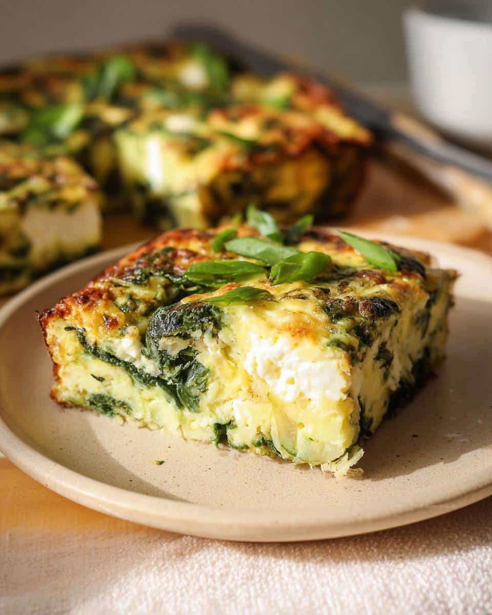 Close-up of a square slice of Cottage Cheese Egg Bake, rich with spinach and visible chunks of cottage cheese.