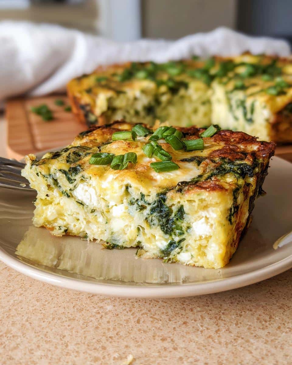 A close-up slice of golden Cottage Cheese Egg Bake filled with spinach and topped with fresh green onions.