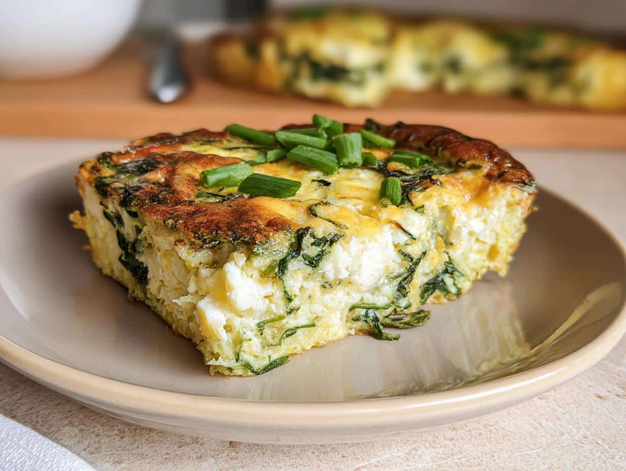 A square slice of baked Cottage Cheese Egg Bake featuring visible cottage cheese curds and spinach, topped with fresh green onions.