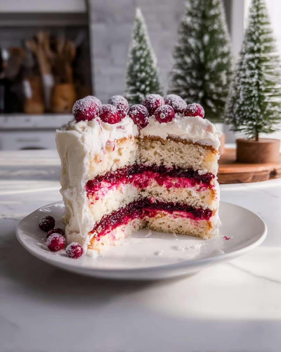 A slice of layered CRANBERRY WHITE CHRISTMAS CAKE showing white cake, red cranberry filling, and white frosting, topped with sugared cranberries.