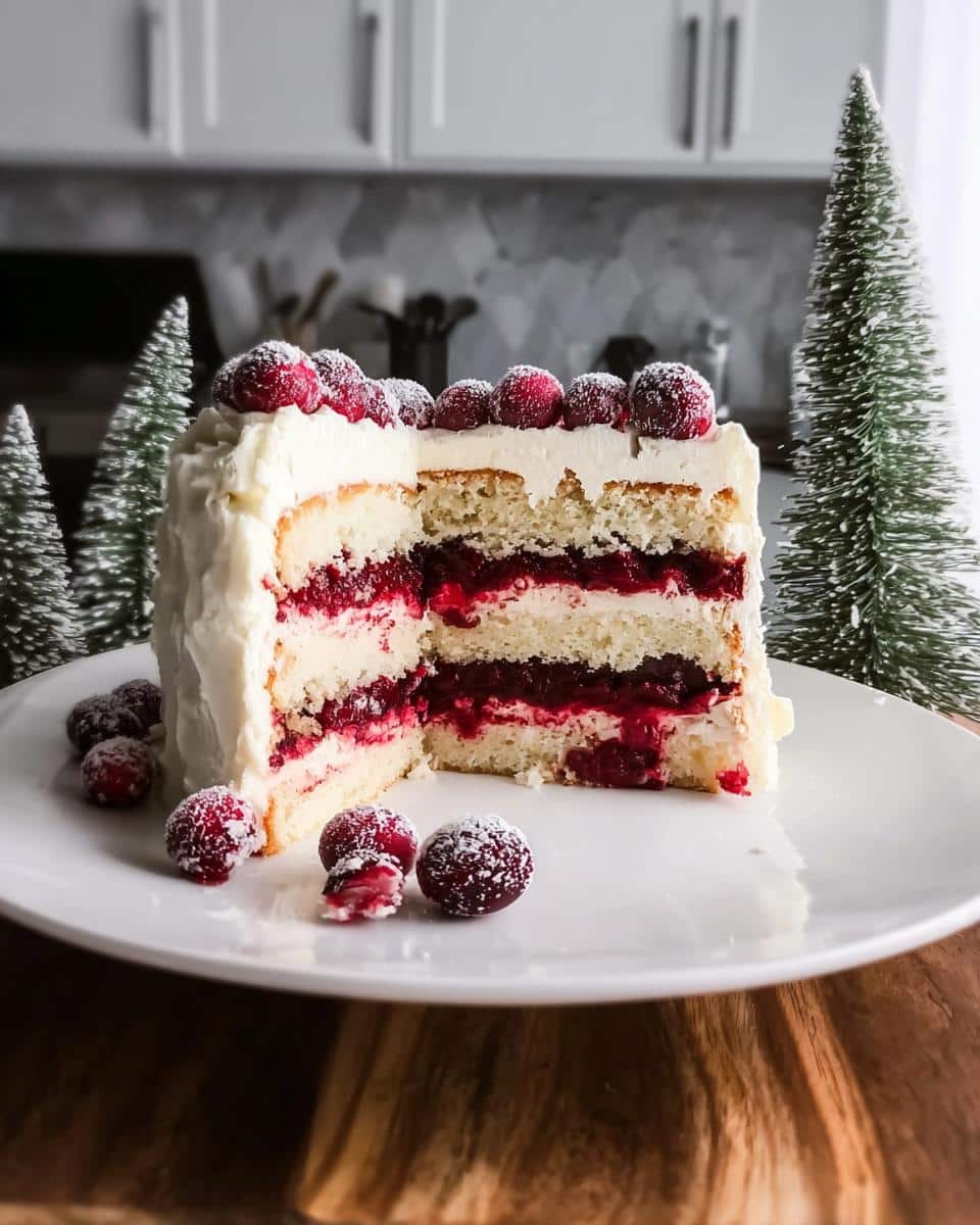 Cross-section of a CRANBERRY WHITE CHRISTMAS CAKE showing white layers and bright red cranberry filling, garnished with sugared cranberries.