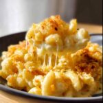 Close-up of a spoonful of Creamy Baked Mac and Cheese showing long, stretchy cheese pulls and a golden breadcrumb topping.