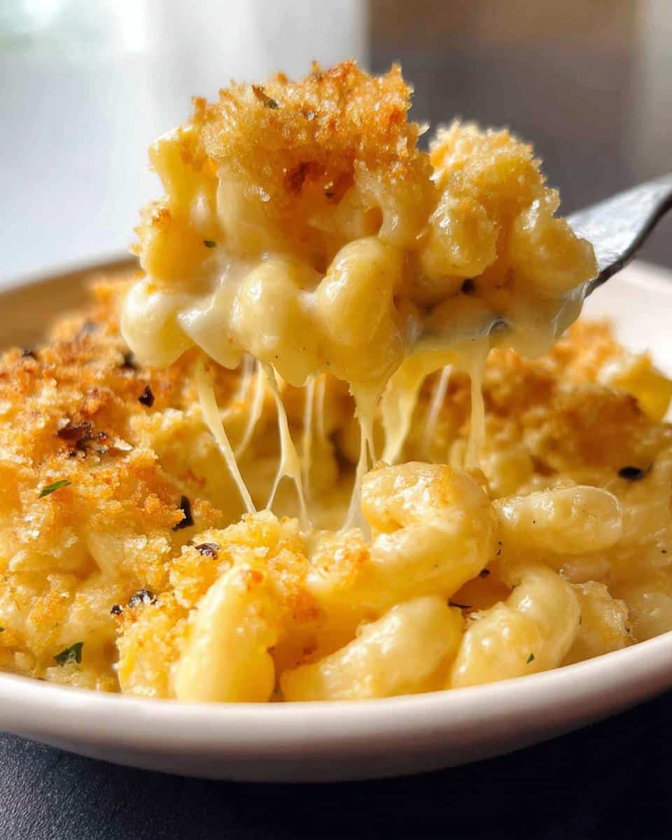 Close-up of a fork lifting a bite of Creamy Baked Mac and Cheese showing long, stretchy cheese pulls and a crispy topping.