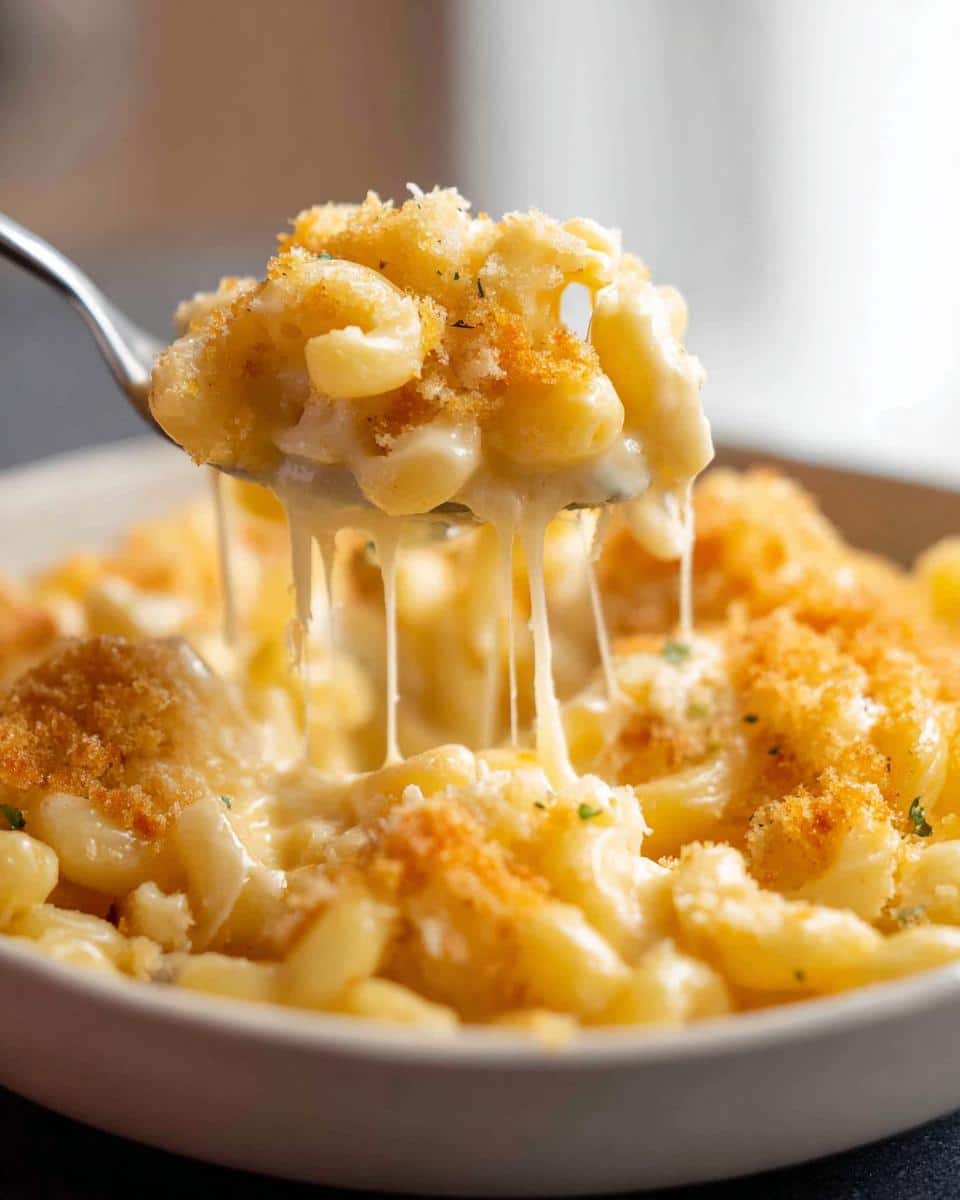 A spoonful of Creamy Baked Mac and Cheese showing long, gooey cheese pulls and a crispy breadcrumb topping.