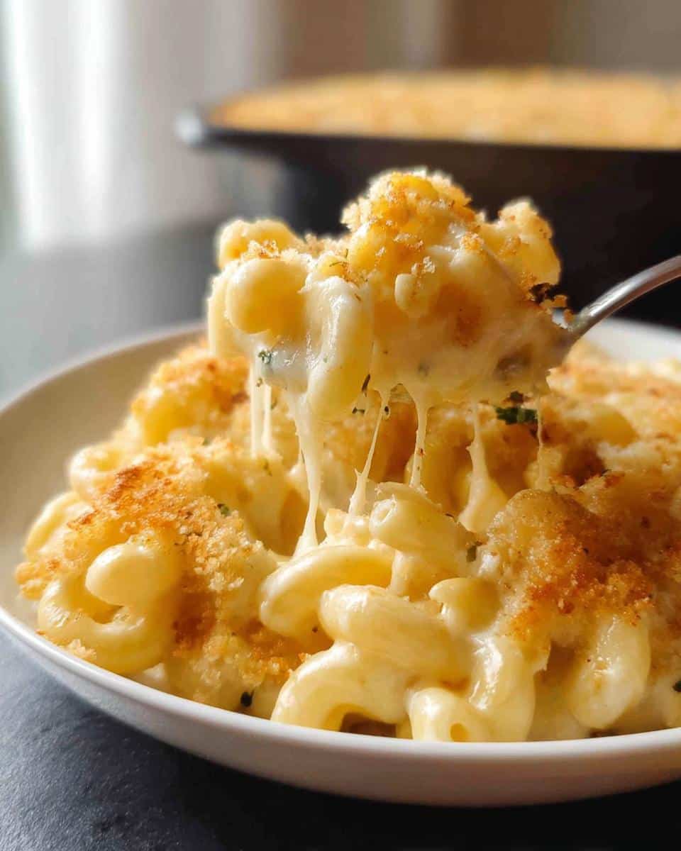 A spoonful of Creamy Baked Mac and Cheese showing a dramatic cheese pull, topped with golden breadcrumbs.