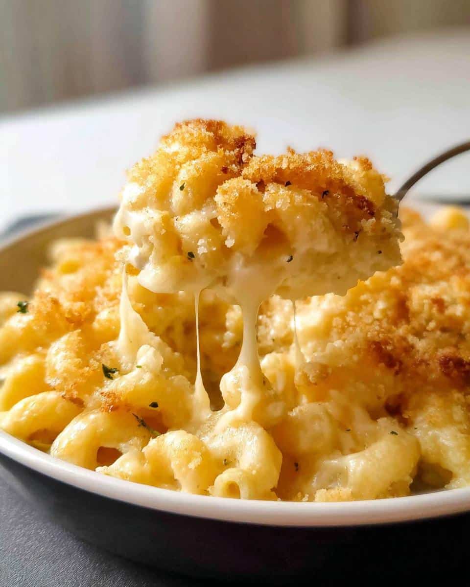 A spoonful of Creamy Baked Mac and Cheese showing extreme cheese pull and golden breadcrumb topping.