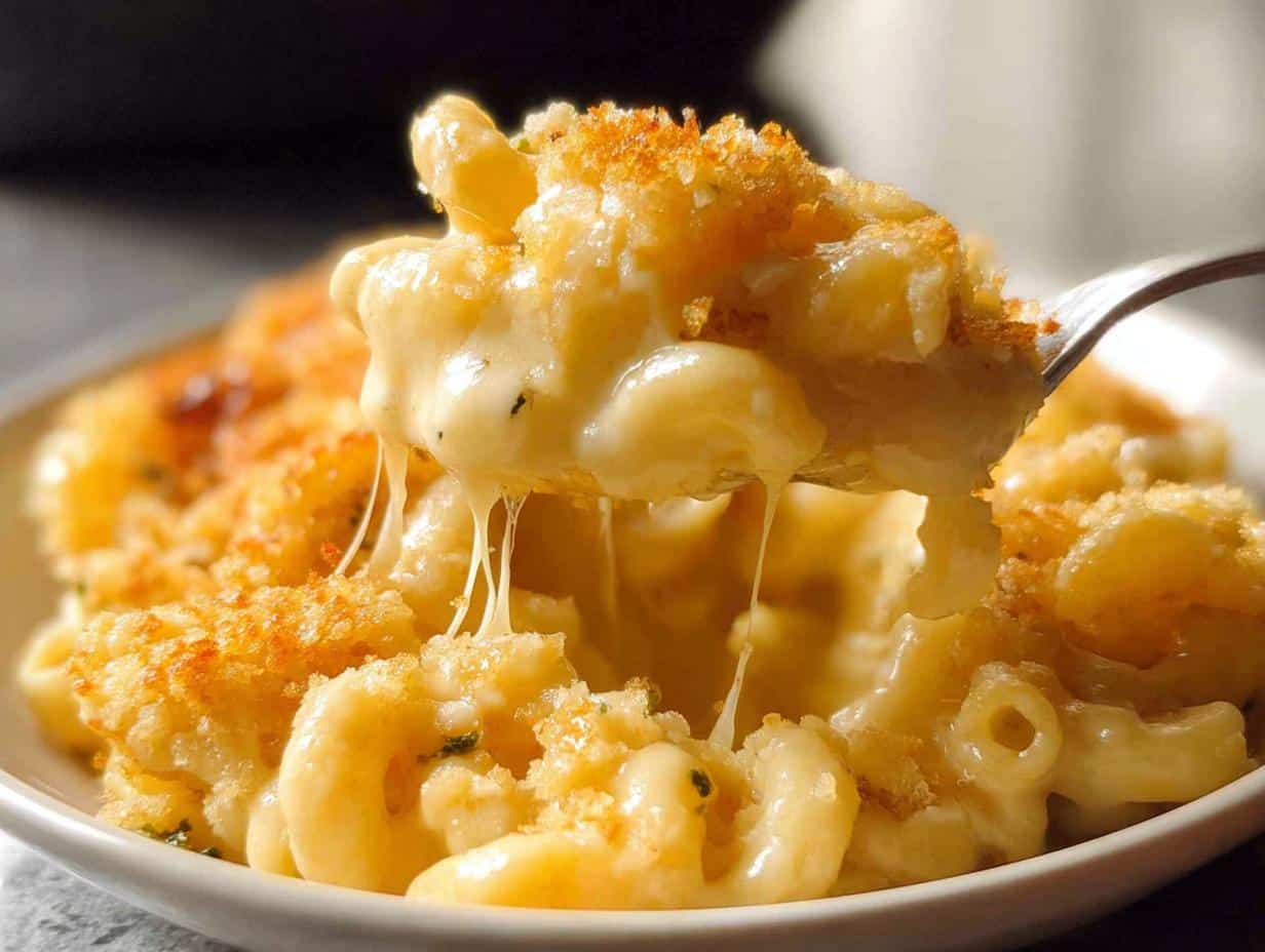 A fork lifts a scoop of rich, creamy baked mac and cheese showing long cheese pulls and a crunchy topping.