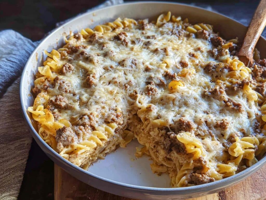 A freshly baked Creamy Beef Noodle Casserole in a round dish, topped with browned ground beef and melted, bubbly cheese.