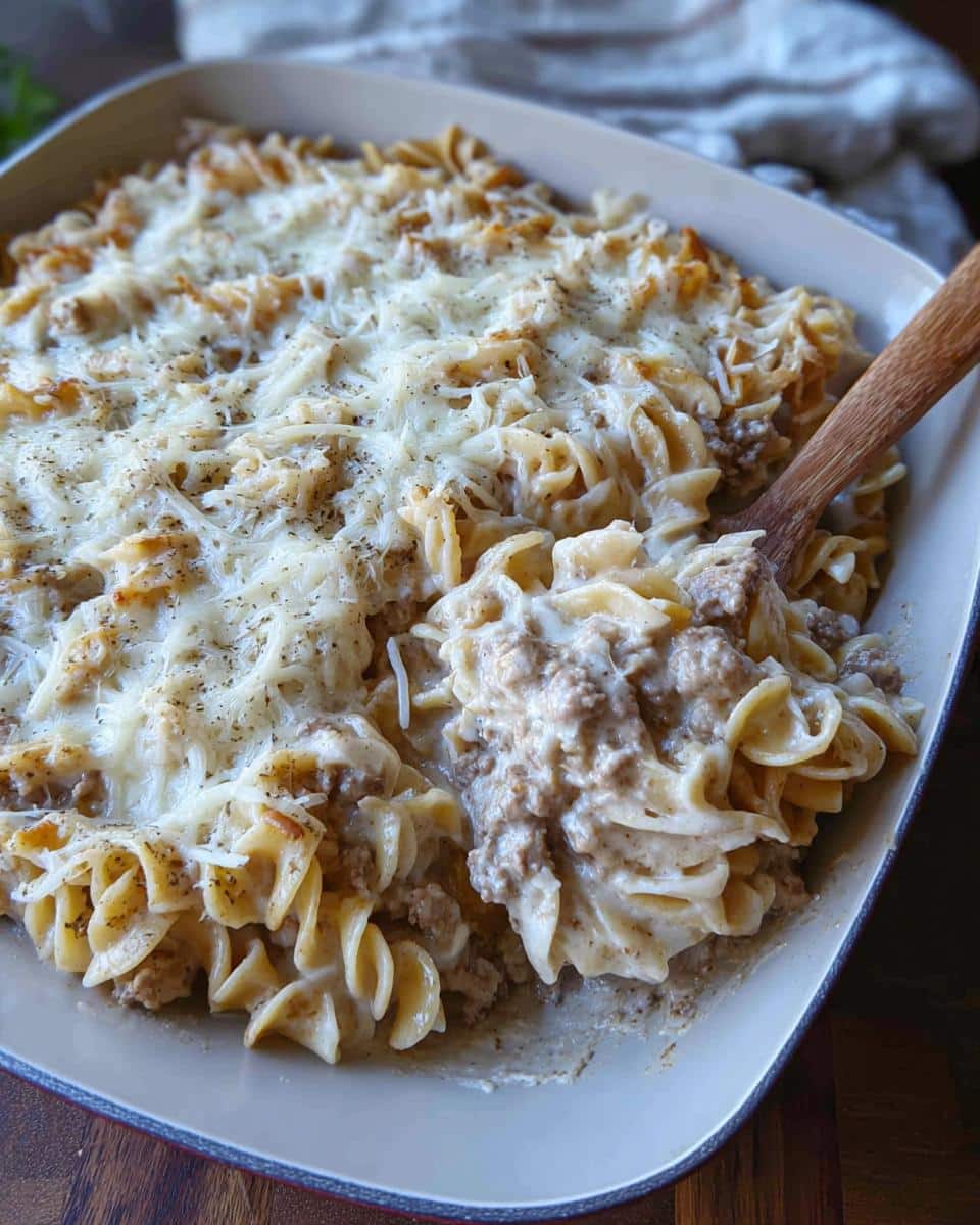 Close-up of a serving spoon scooping out a portion of baked Creamy Beef Noodle Casserole topped with melted cheese.