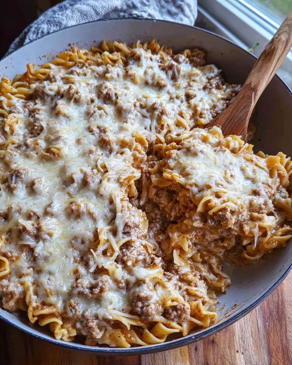 A close-up of a skillet filled with Creamy Beef Noodle Casserole, topped with melted cheese, with a wooden spoon scooping a portion.