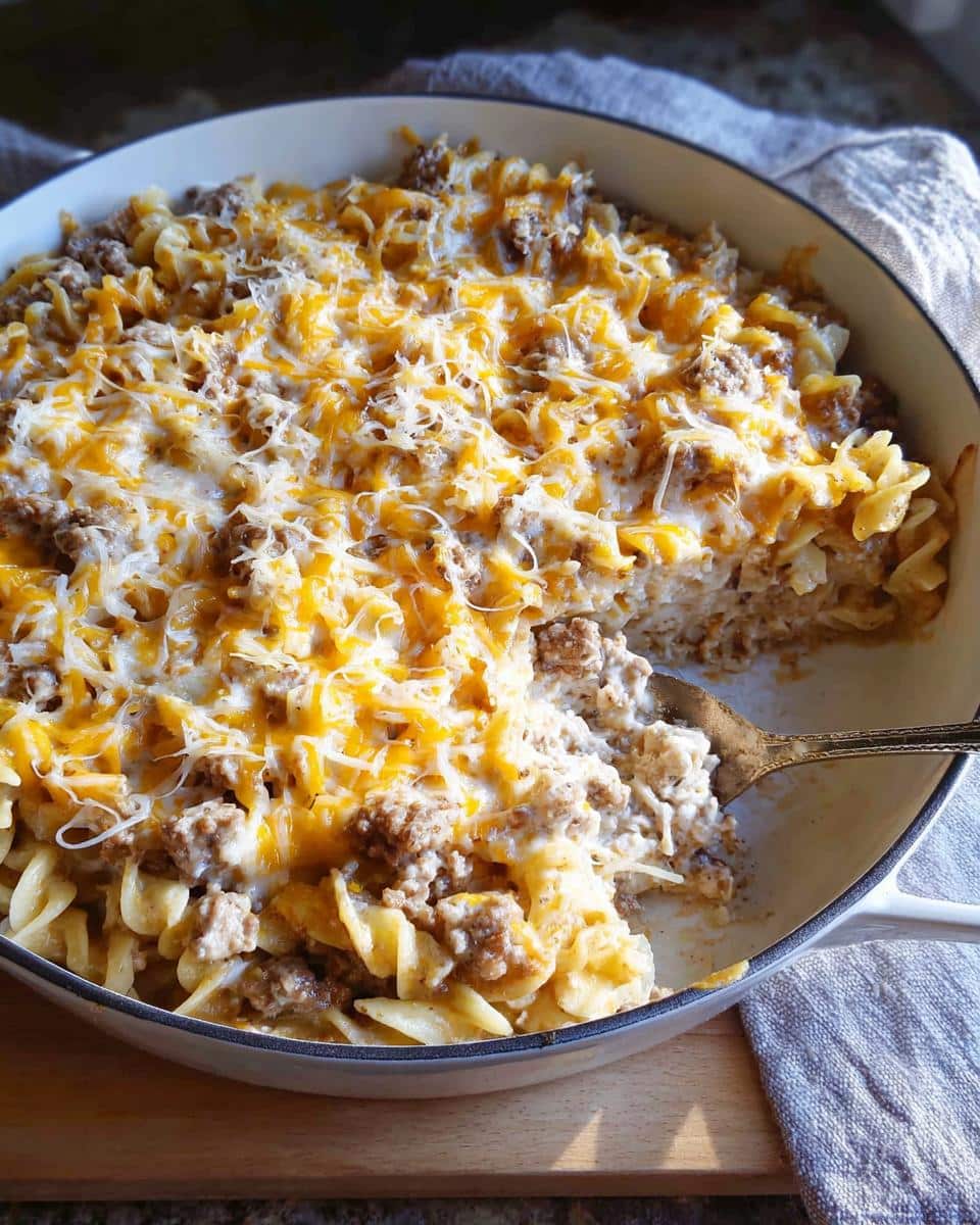 A portion being scooped from a skillet of Creamy Beef Noodle Casserole topped with melted cheddar and mozzarella cheese.