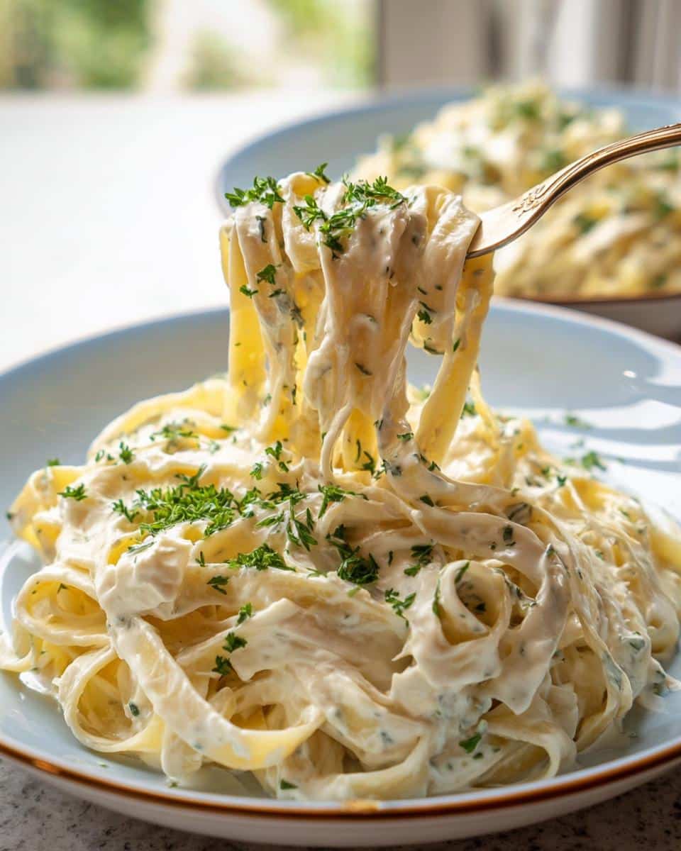 A fork lifting creamy fettuccine coated in sauce from a bowl of Creamy Boursin Pasta Bake, garnished with parsley.
