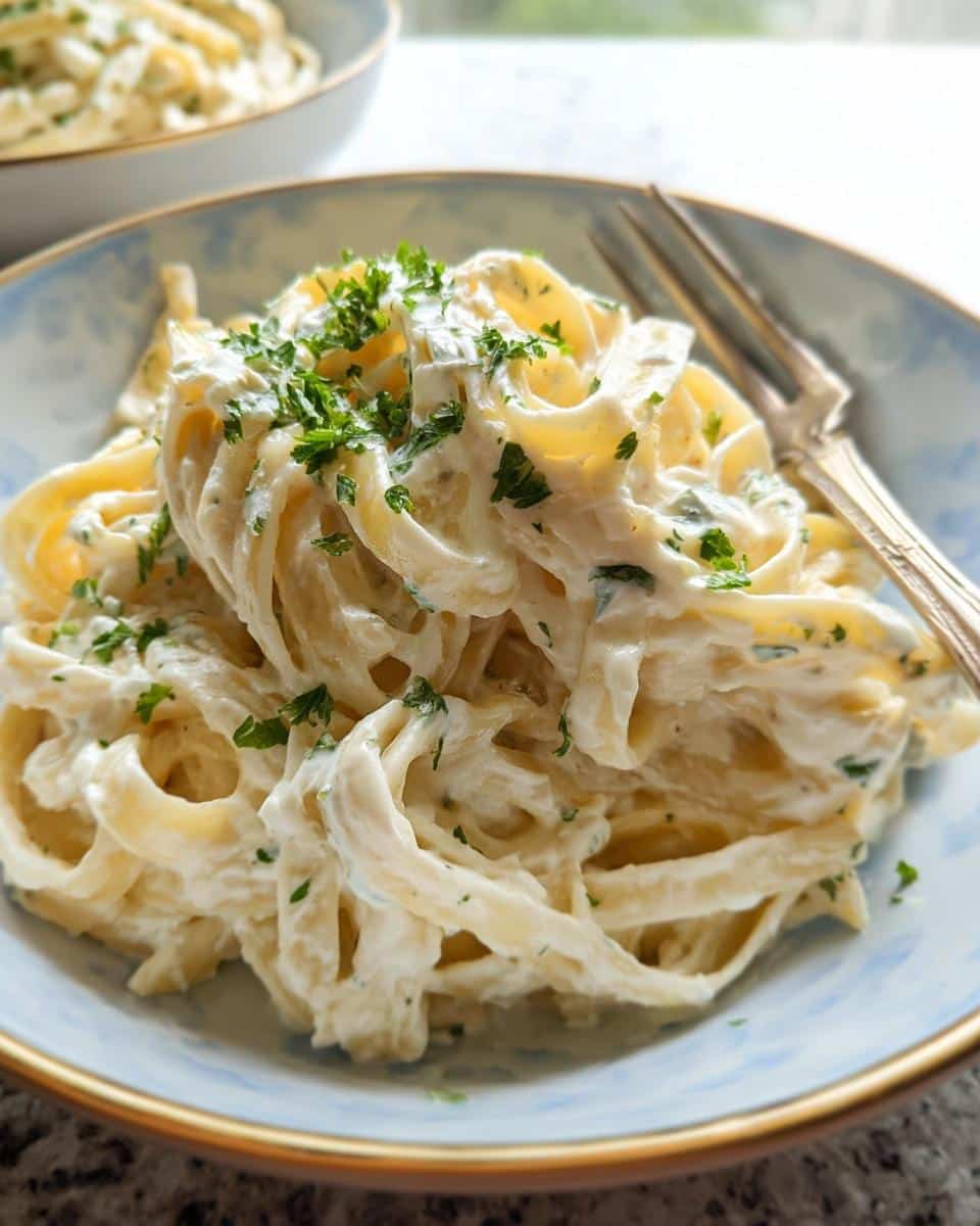 Close-up of fettuccine coated in a rich, creamy sauce, garnished with parsley, part of the Creamy Boursin Pasta Bake.