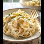 Close-up of creamy Boursin pasta bake featuring fettuccine coated in a rich white sauce and garnished with fresh parsley.