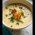 Close-up of a bowl of creamy cauliflower soup topped with roasted cauliflower florets and fresh parsley.