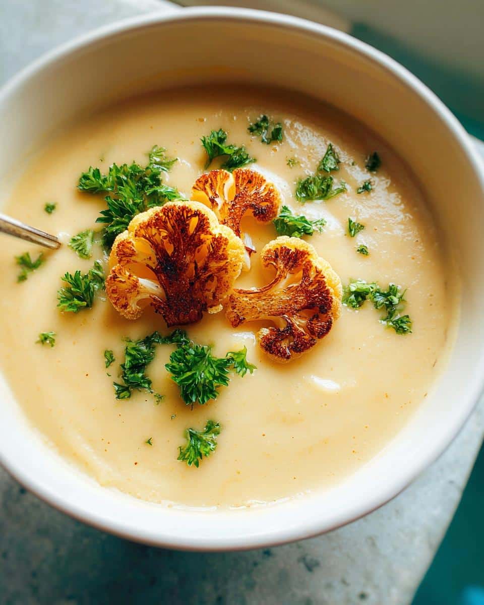 Close-up of a bowl of creamy cauliflower soup topped with roasted cauliflower florets and fresh parsley.