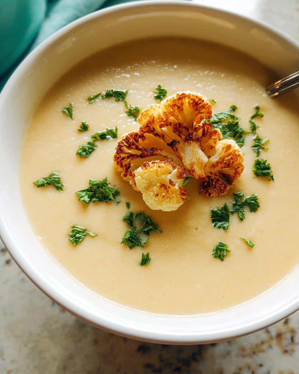 A close-up of a bowl of creamy cauliflower soup topped with a roasted cauliflower floret and fresh parsley.