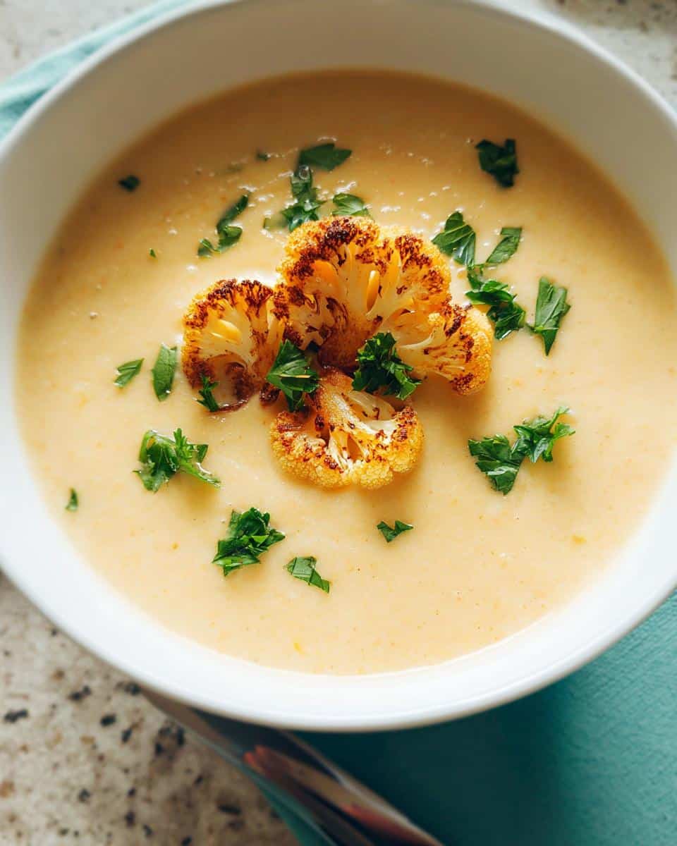 A close-up of a bowl of creamy cauliflower soup topped with roasted cauliflower florets and fresh parsley.