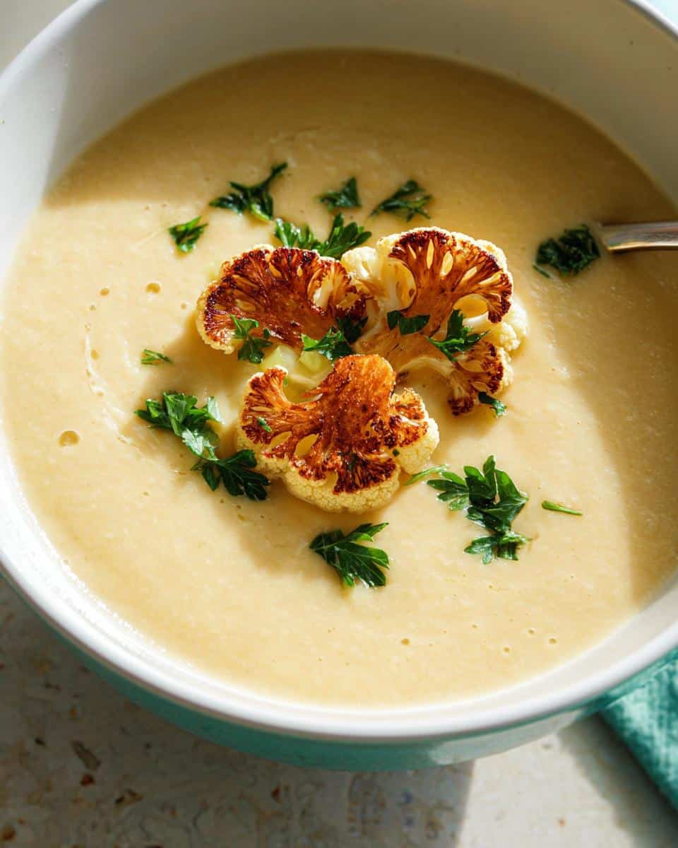 Close-up of a bowl of Creamy Cauliflower Soup topped with roasted cauliflower florets and fresh parsley.