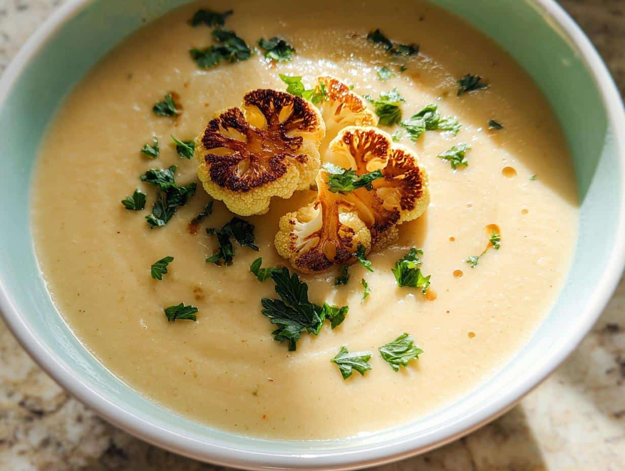 A close-up of a bowl of Creamy Cauliflower Soup garnished with roasted cauliflower florets and fresh parsley.