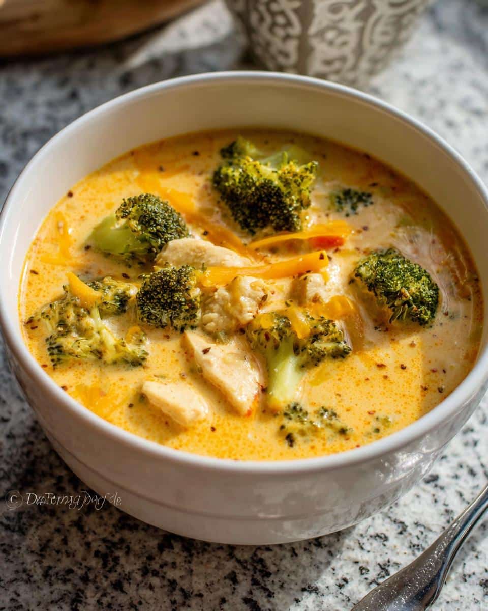 Close-up of a bowl of rich, creamy Chicken & Broccoli Cheddar Soup with chunks of chicken and melted cheese.
