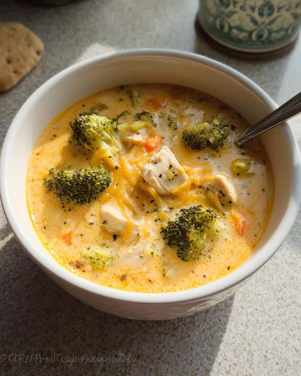 A close-up of a white bowl filled with creamy Chicken & Broccoli Cheddar Soup, topped with shredded cheese.