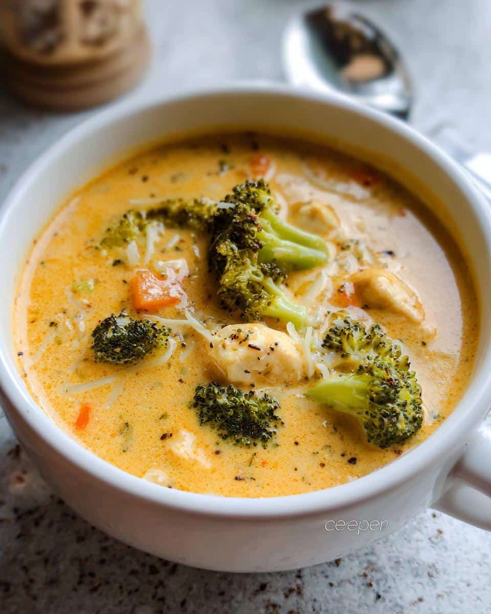Close-up of a rich, creamy Chicken & Broccoli Cheddar Soup topped with bright green broccoli florets and shredded cheese.