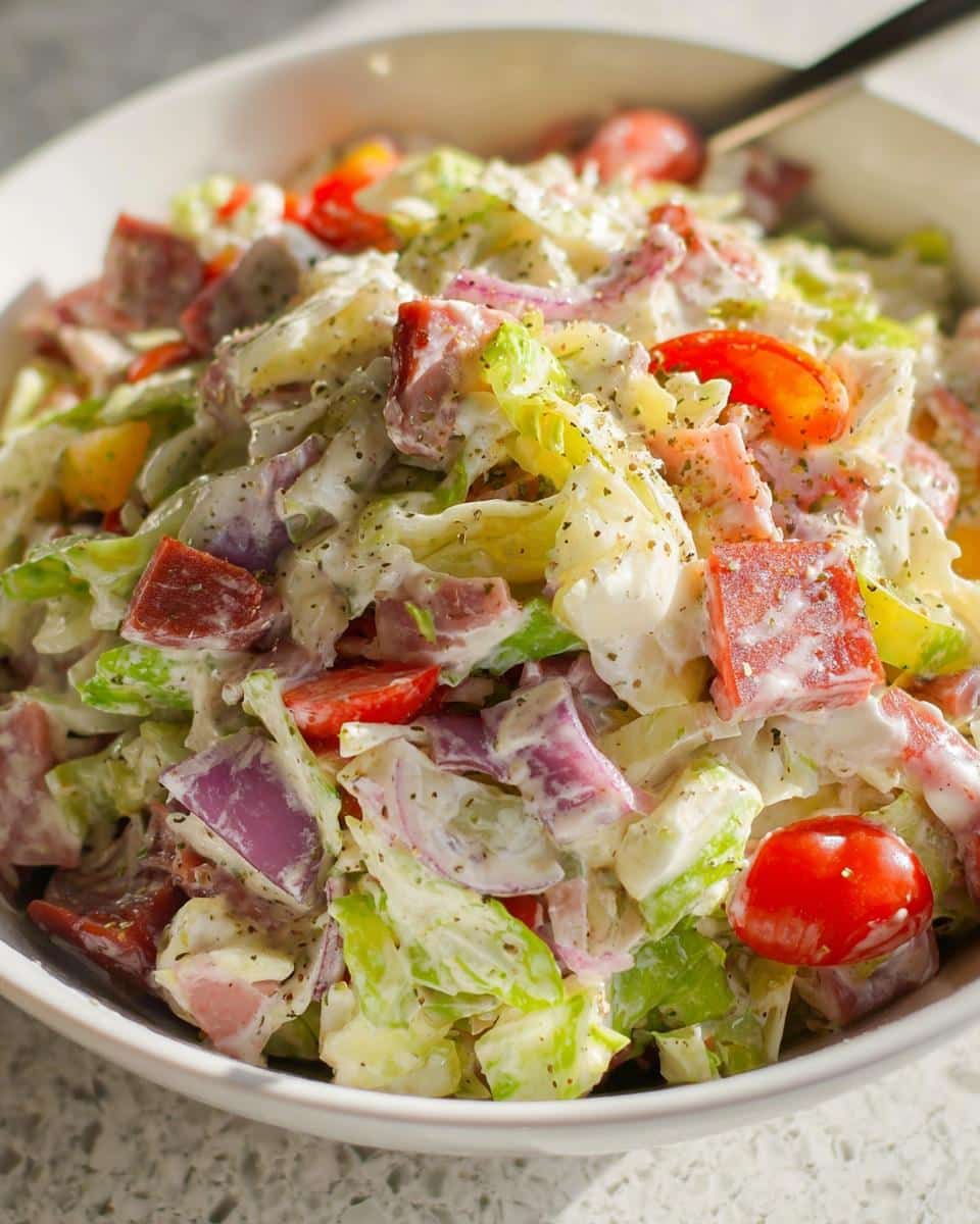 Close-up of a creamy Chopped Italian Grinder Bowl salad with lettuce, red onion, tomatoes, and cubed meats.