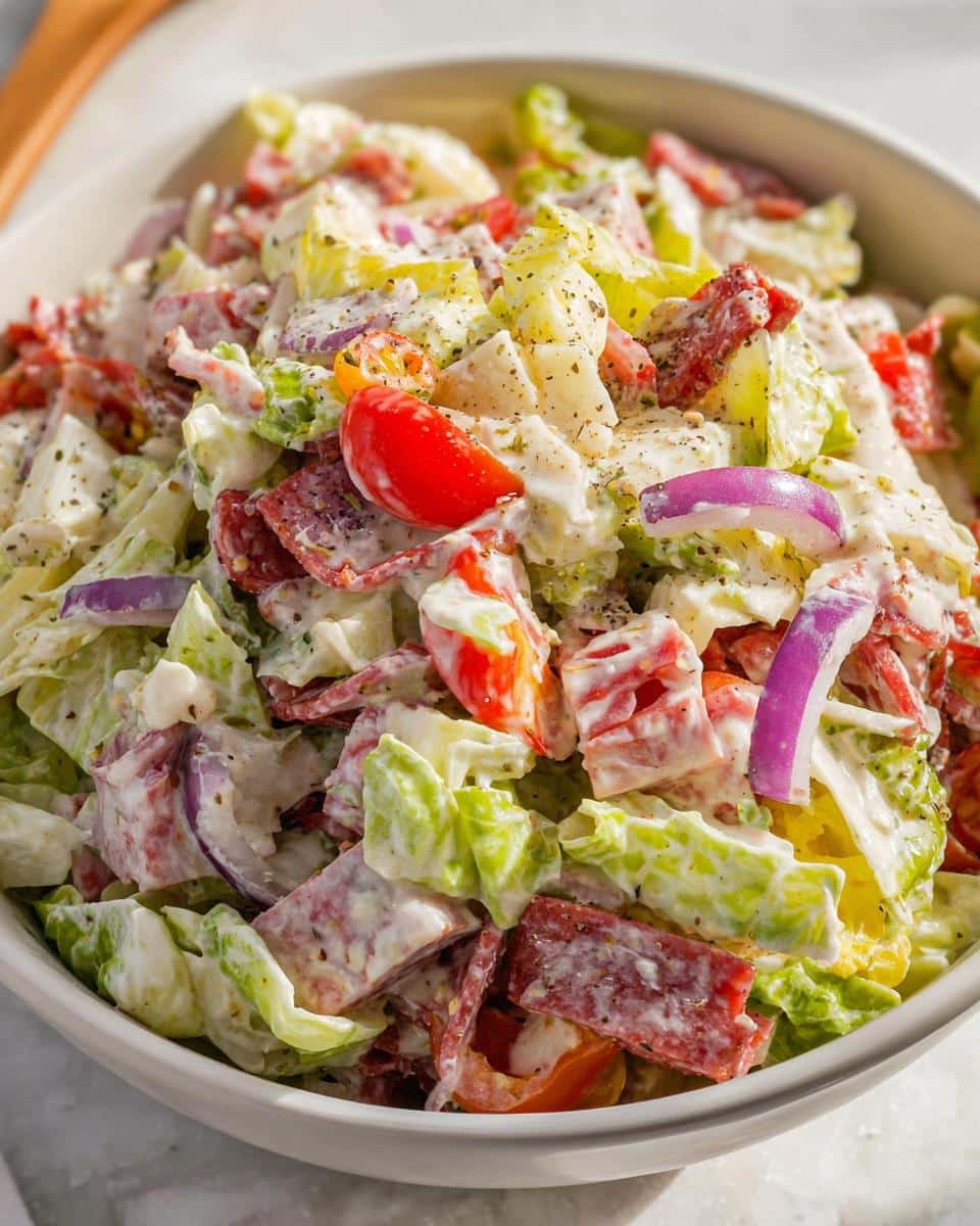 Close-up of a creamy Chopped Italian Grinder Bowl featuring lettuce, salami, tomatoes, cheese, and red onion.