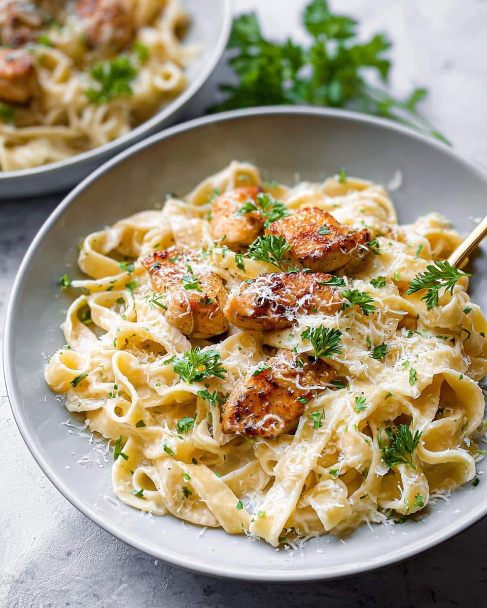 Close-up of Creamy Garlic Chicken Pasta featuring fettuccine noodles, seared chicken pieces, and grated Parmesan cheese.