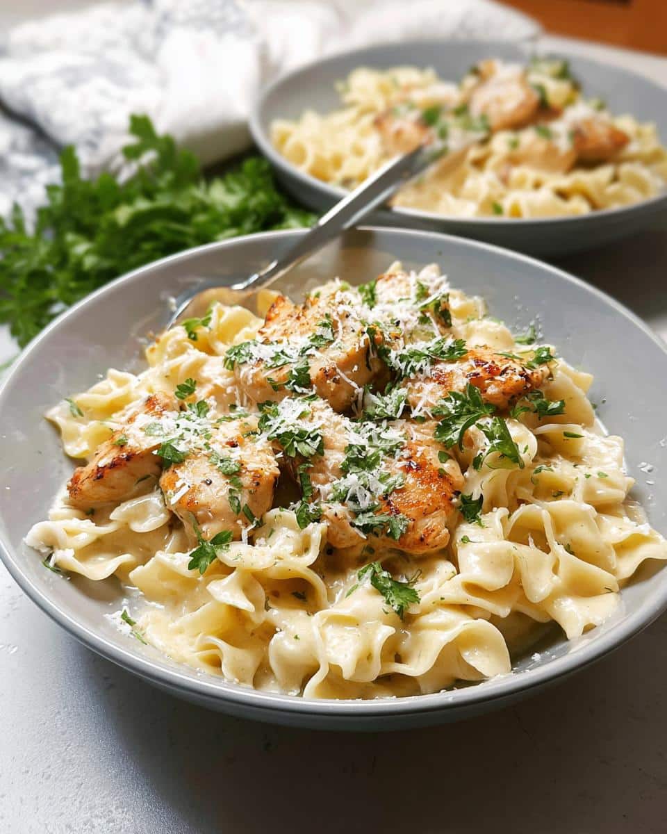 Close-up of a bowl of Creamy Garlic Chicken Pasta featuring egg noodles, seared chicken pieces, and grated Parmesan cheese.