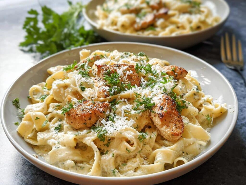 Close-up of a bowl of Creamy Garlic Chicken Pasta topped with seared chicken, Parmesan, and fresh parsley.