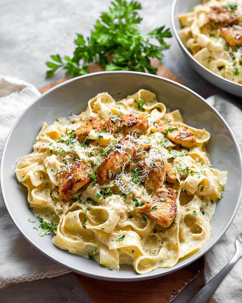 A close-up of Creamy Garlic Chicken Pasta featuring fettuccine noodles coated in a rich sauce, topped with grilled chicken pieces and Parmesan.