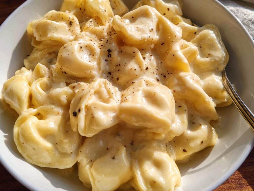 A close-up of a bowl filled with rich, creamy garlic chicken tortellini, seasoned with black pepper.
