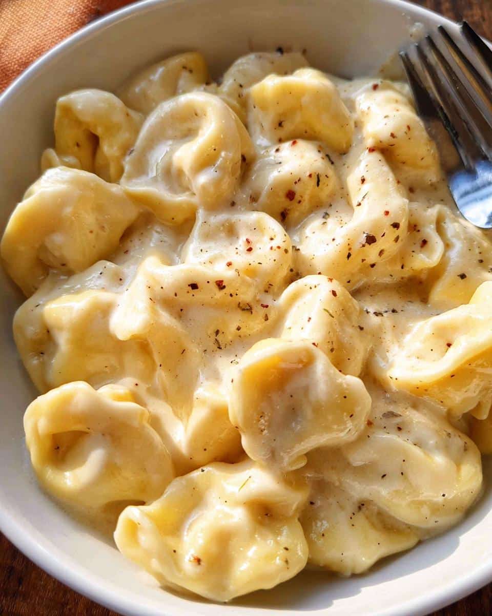 A close-up shot of cheesy tortellini coated in a rich, creamy sauce, seasoned with pepper flakes, representing Creamy Garlic Chicken Tortellini.