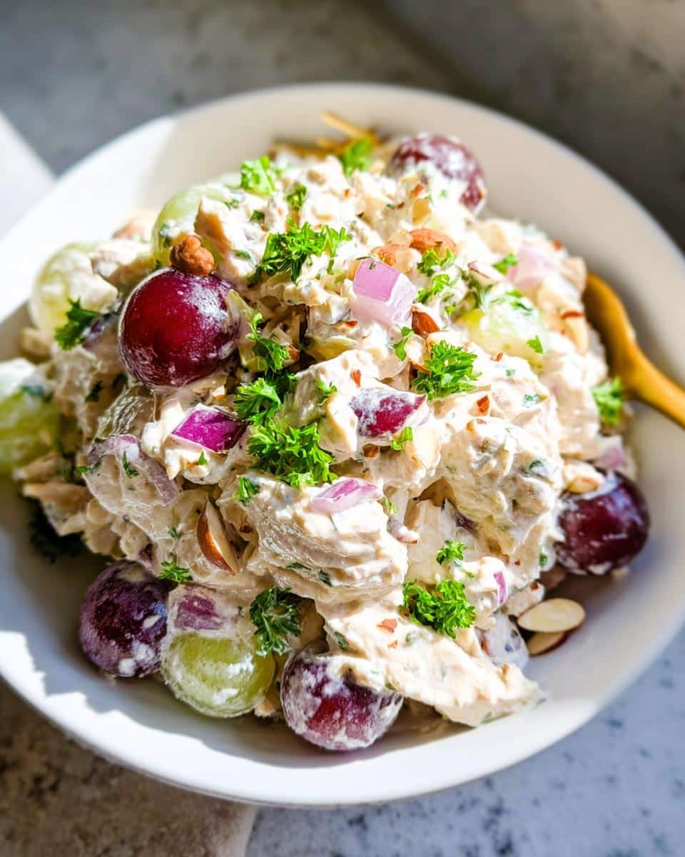 A close-up of creamy Greek Yogurt Chicken Salad mixed with red grapes, sliced almonds, and red onion, garnished with parsley.